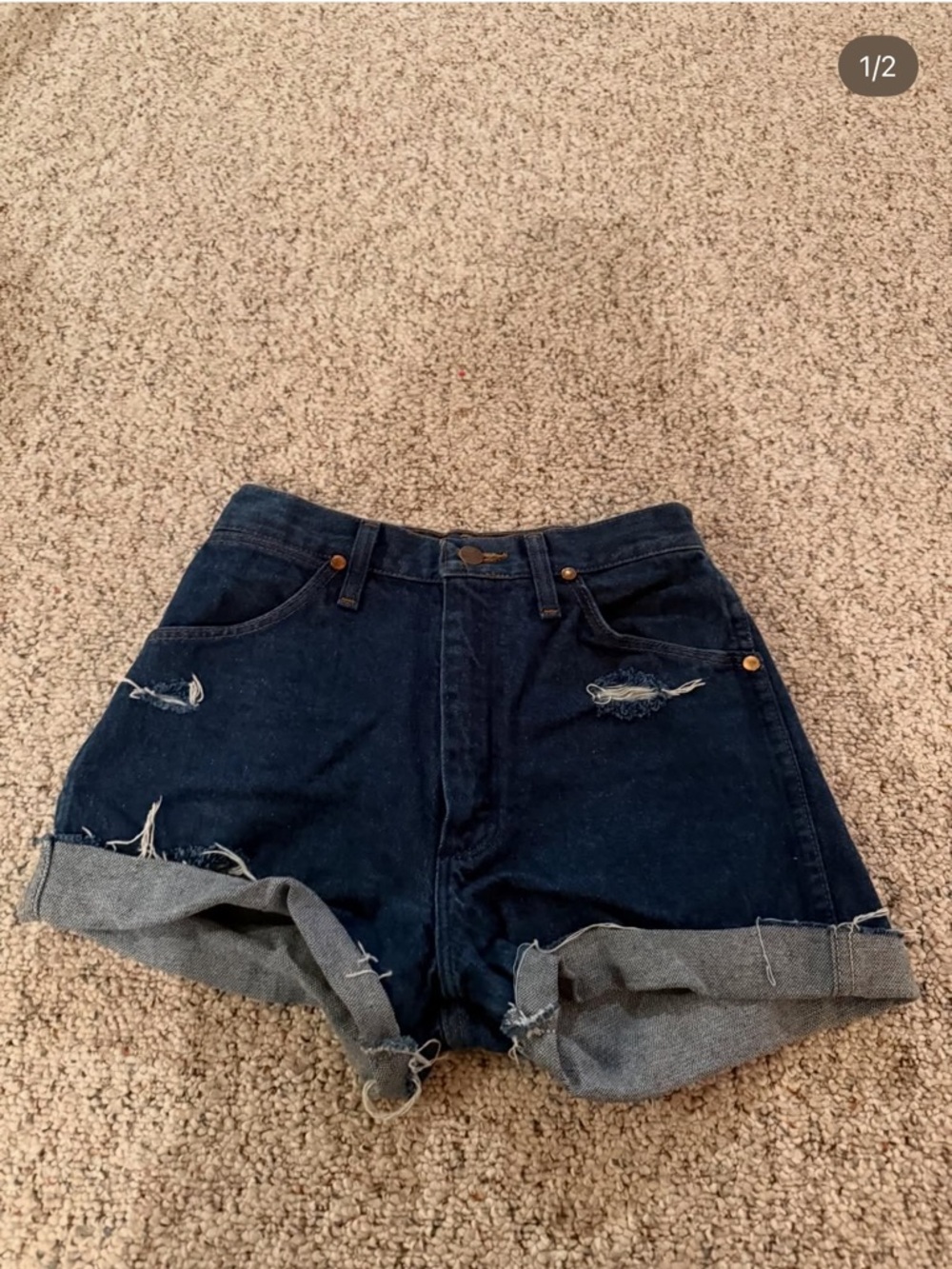 Wrangler Dark Blue High-Rise Distressed Denim Shorts - Fit like a 25/0